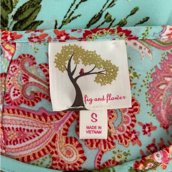 Fig & Flower Women Top S Turquoise Floral Boho Cottage Grandma Peasant Hippie‎ - Picture 2 of 11